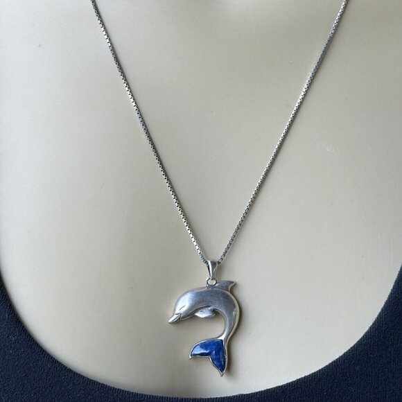 LENOX Sterling Silver Dolphin Pendant Blue Lapis‎ Tail Inlay Chain Necklace 20" - Picture 1 of 10